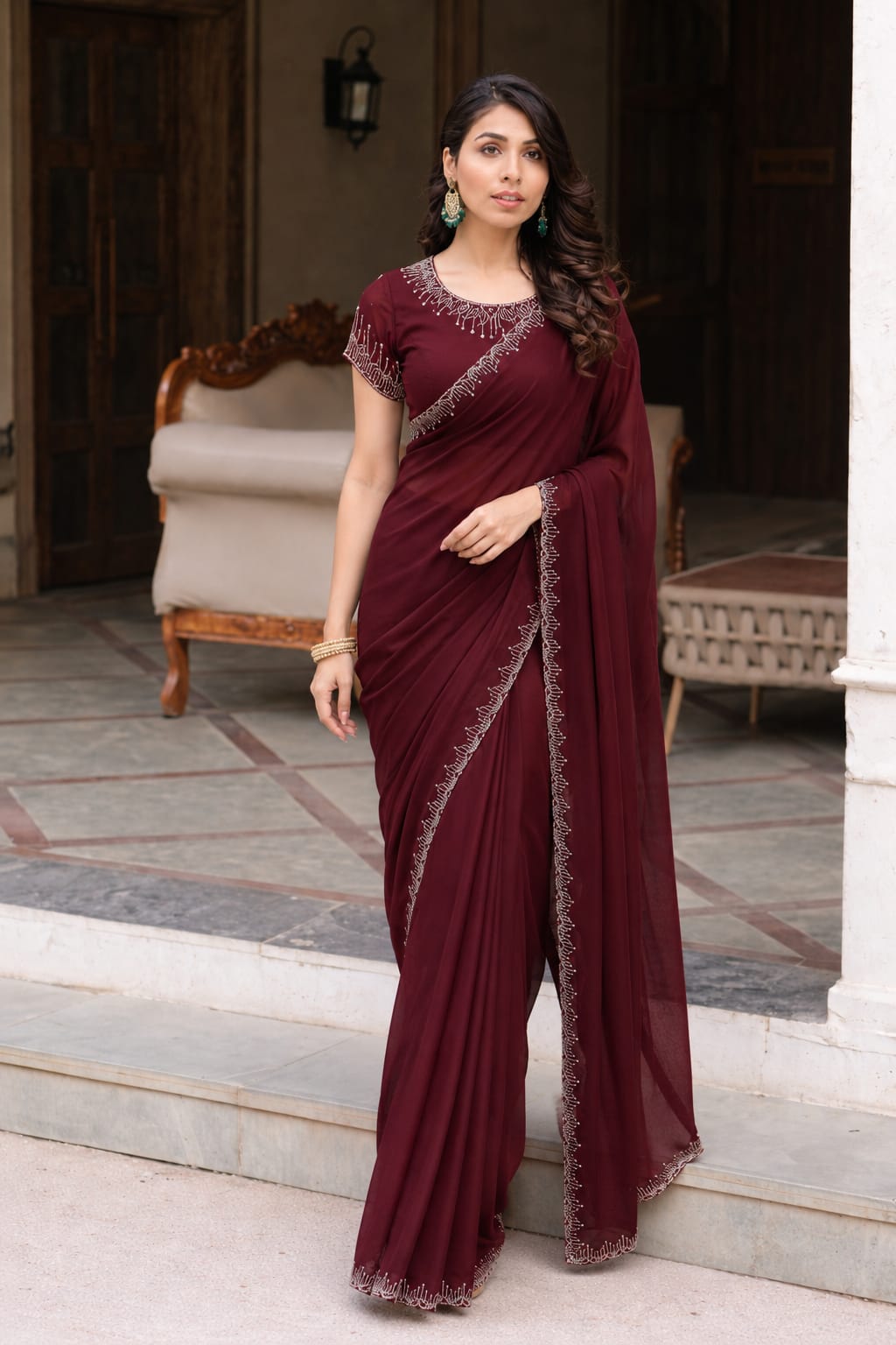 Maroon rhinestone saree with blouse