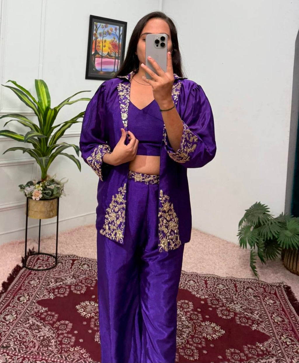 Purple indo western crop top with sharara and jacket set