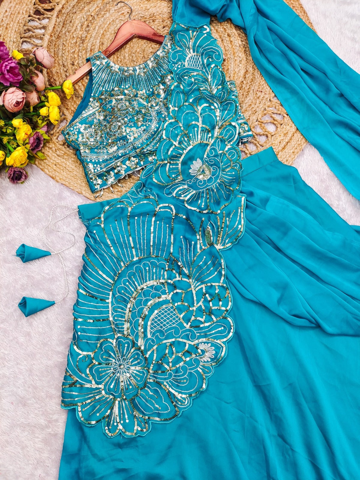Blue ready to wear lehenga saree with blouse