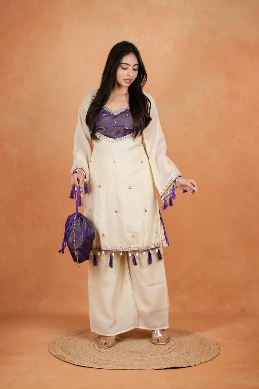 Off white bustier top kurta set with bottom