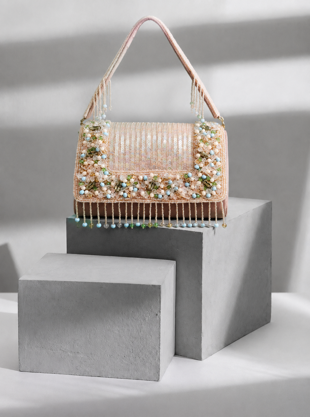 Pink beads stone work handbag