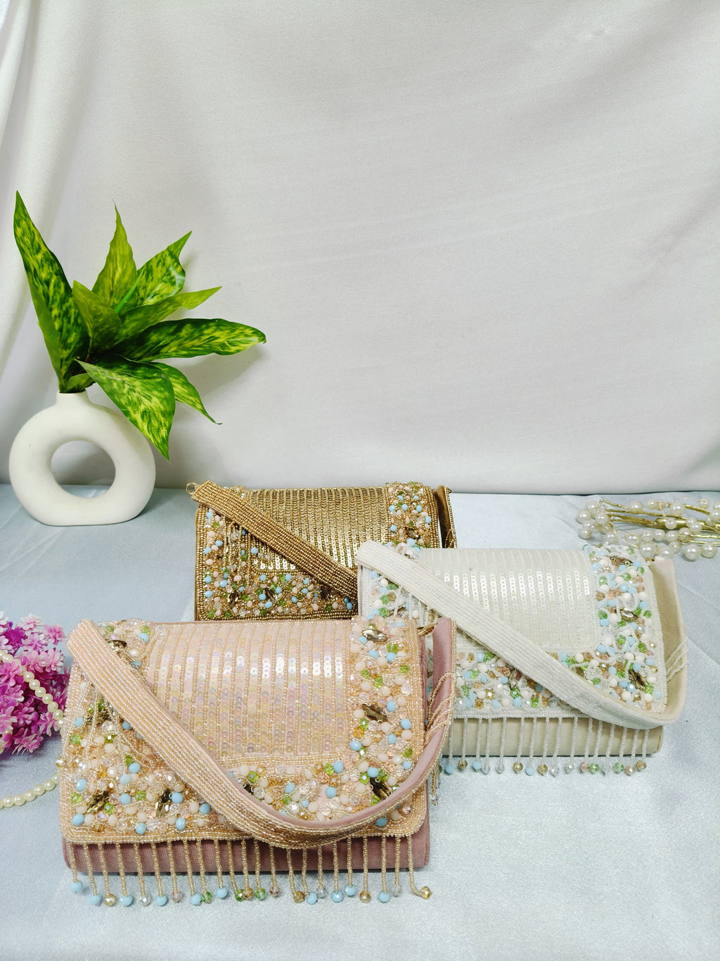 Pink beads stone work handbag