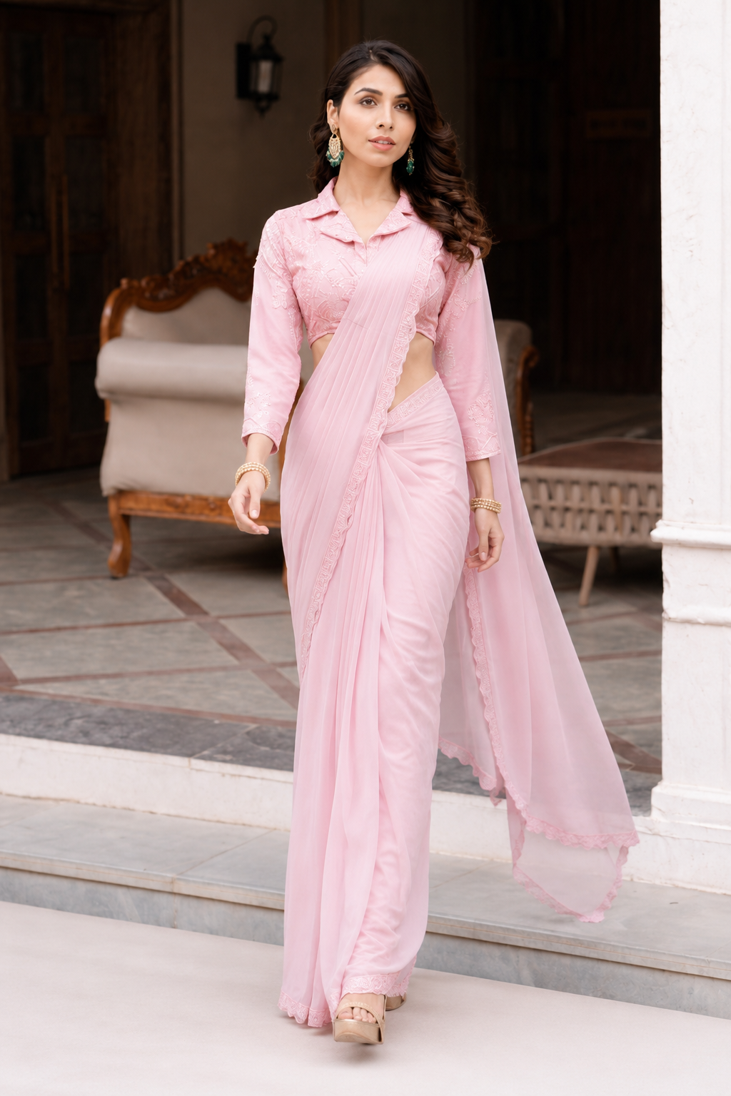 Pink ready to wear saree with blouse