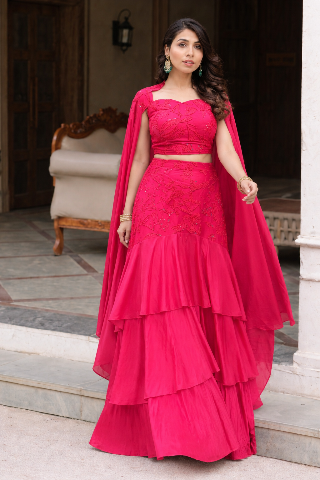 Pink fish cut lehenga with top and shoulder cape set
