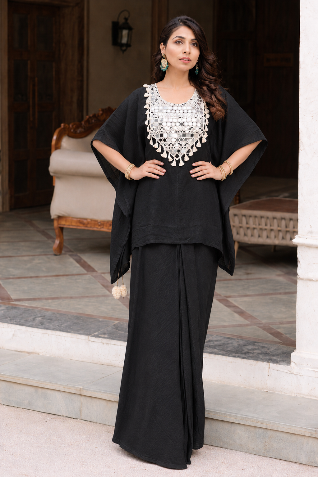 Black mirror kaftan kurti with dhoti skirt