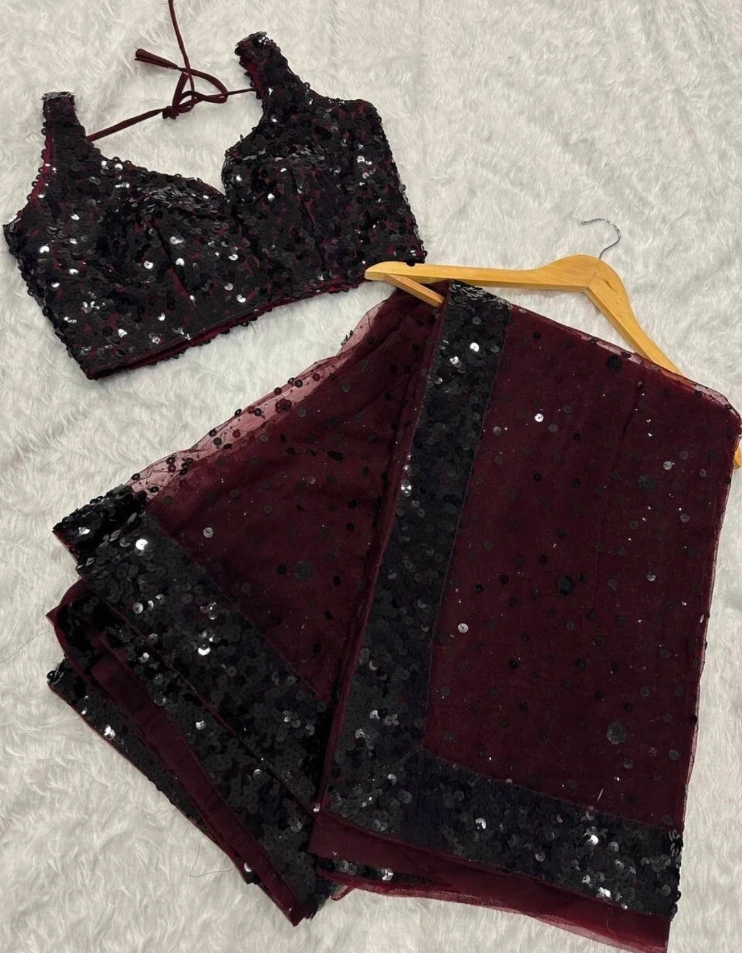 Maroon net sequin saree with blouse