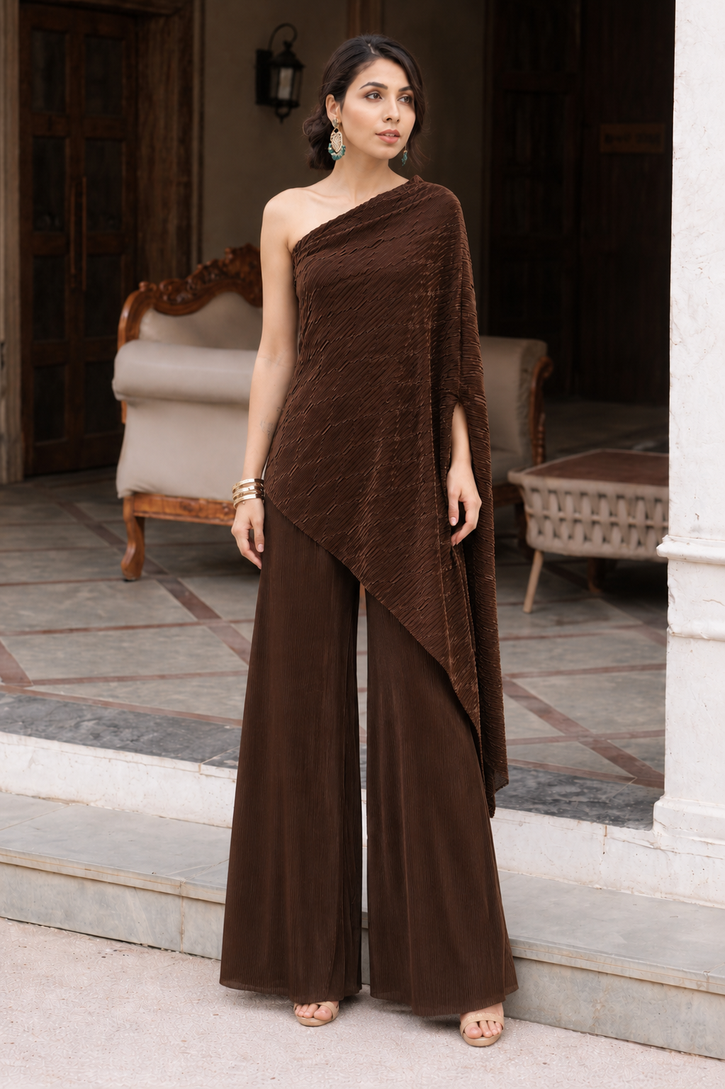 Brown asymmetrical top with palazzo set