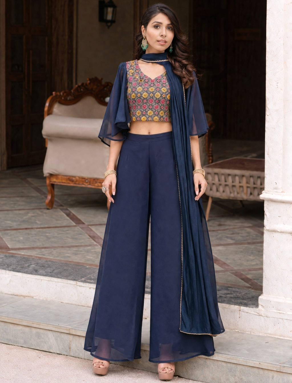 Blue top with palazzo and dupatta set