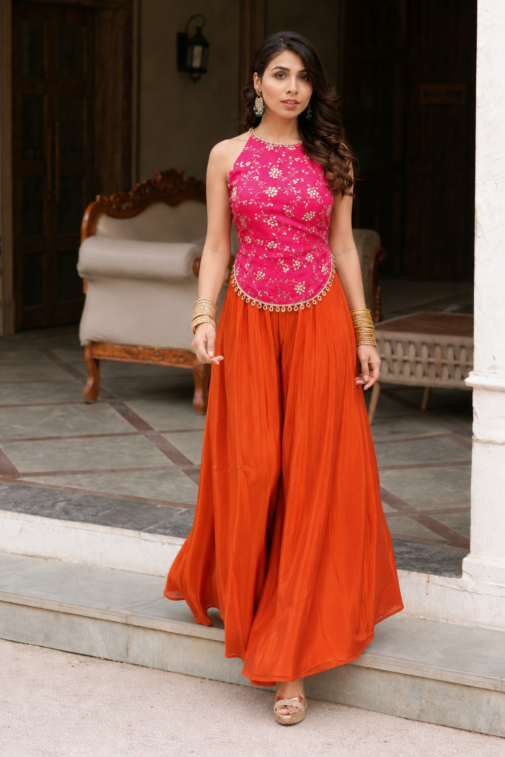 Pink indo western backless kurti with palazzo