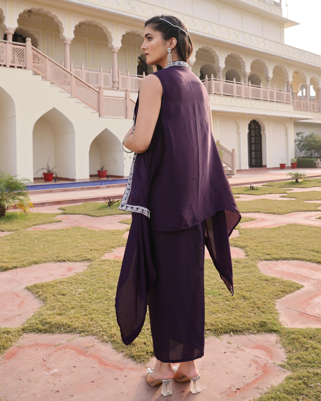 Purple top with dhoti and cape set