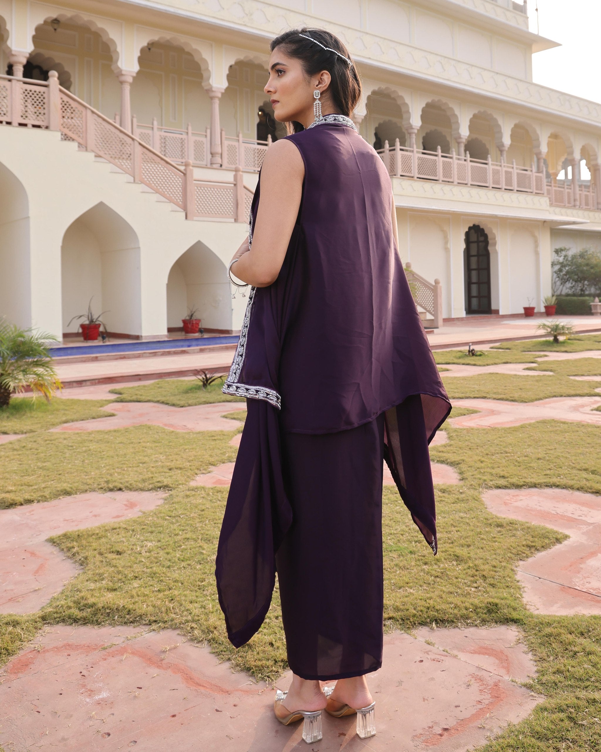 Purple top with dhoti and cape set