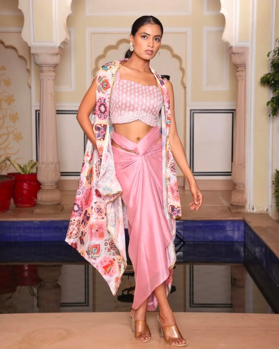 Pink dhoti with top and shrug cape set