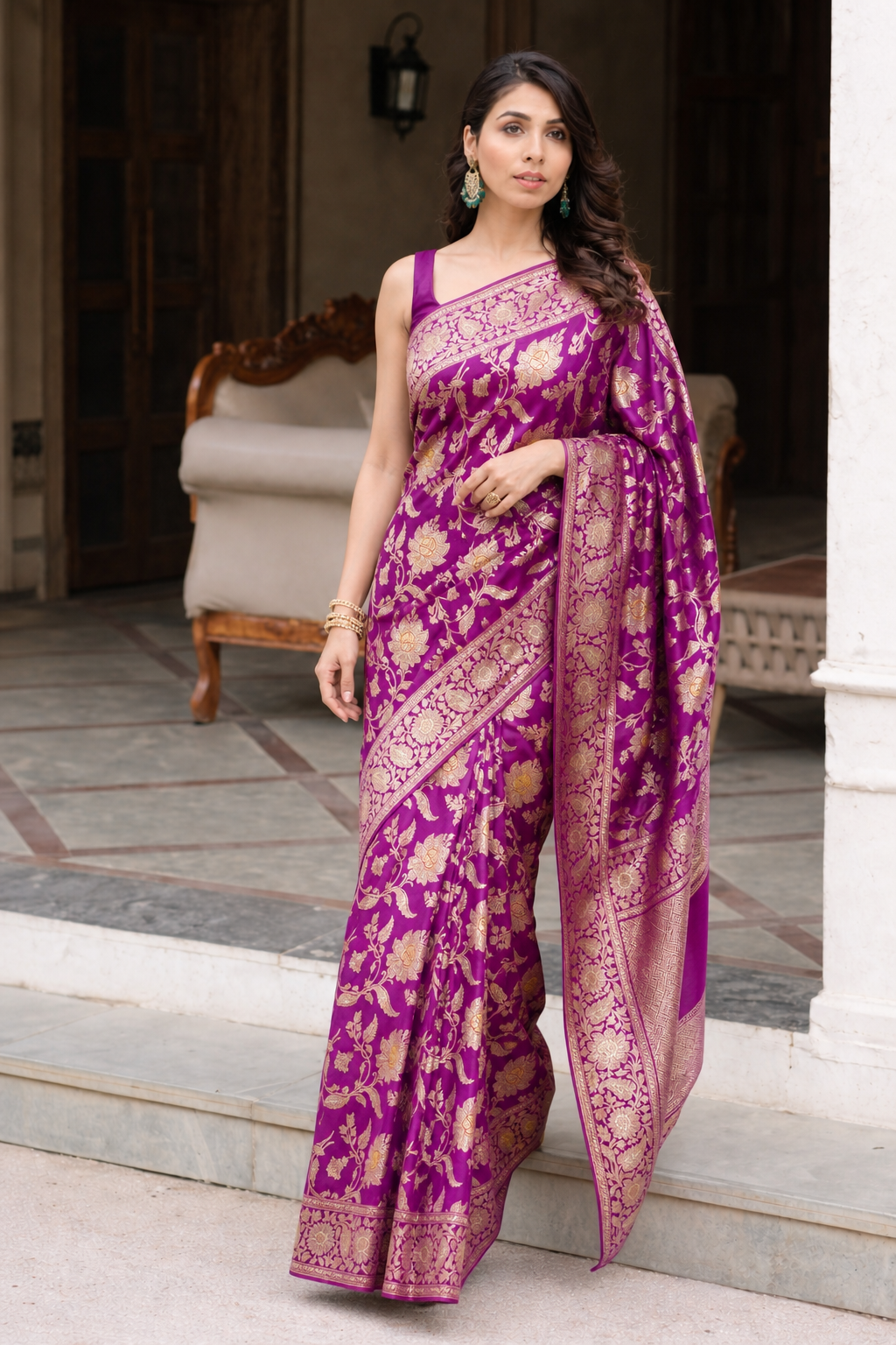 Purple silk floral saree with blouse
