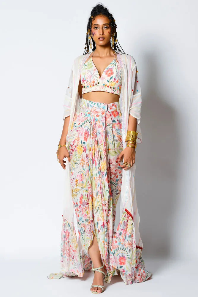 White floral printed dhoti skirt with top and shrug