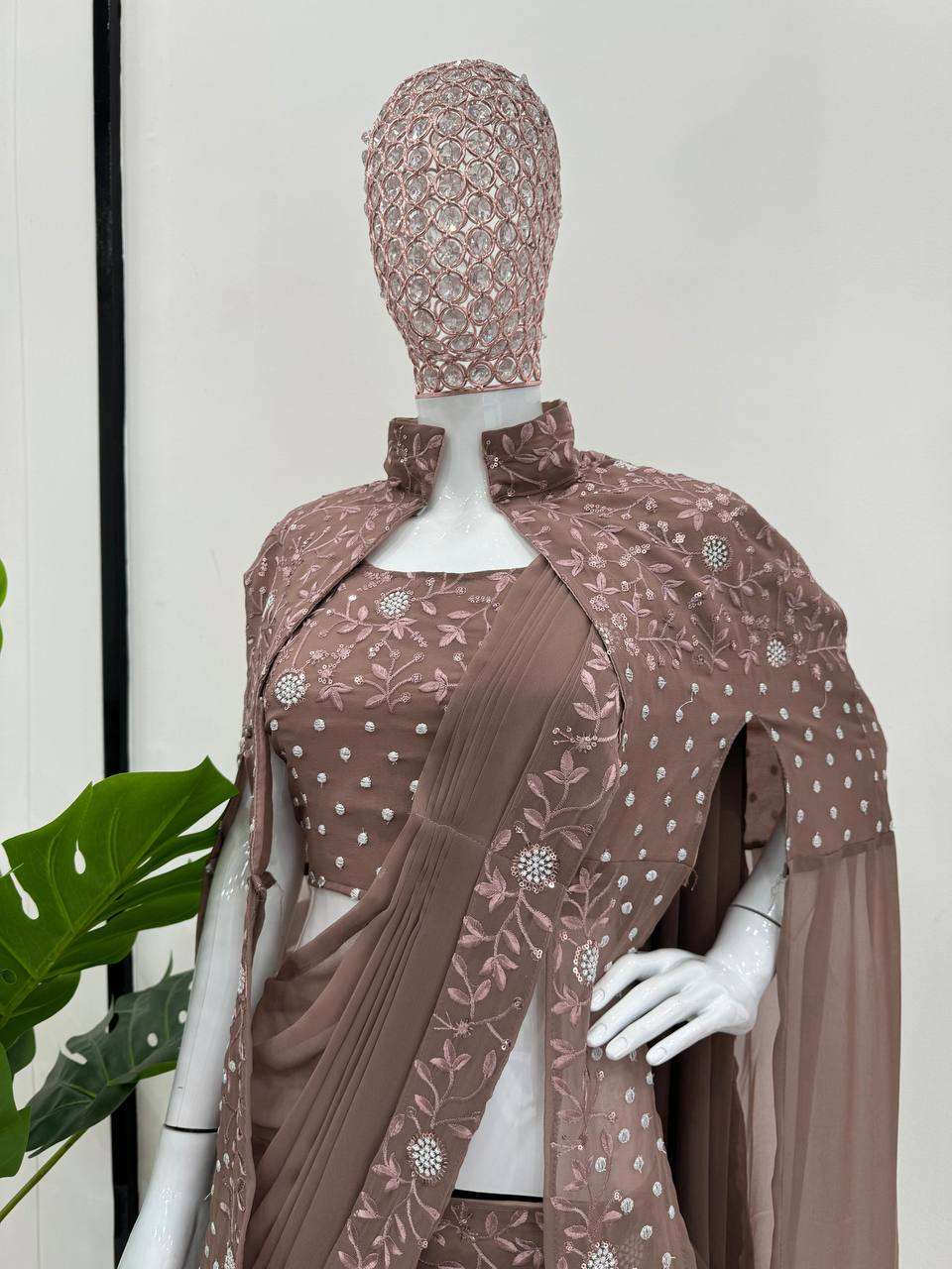 Brown ready to wear skirt saree blouse with cape jacket