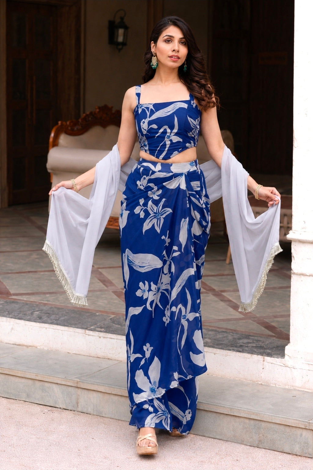 Blue corset with dhoti skirt and dupatta 3pc set