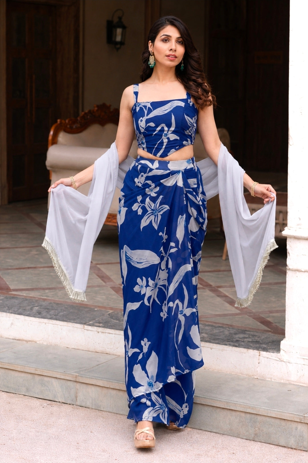 Blue corset with dhoti skirt and dupatta 3pc set