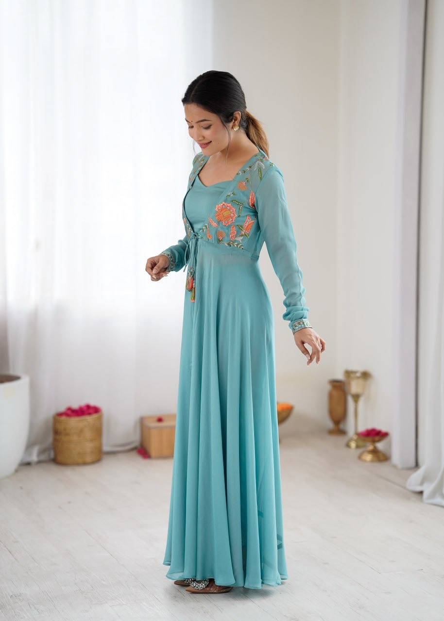 Blue long jacket with top and pent set