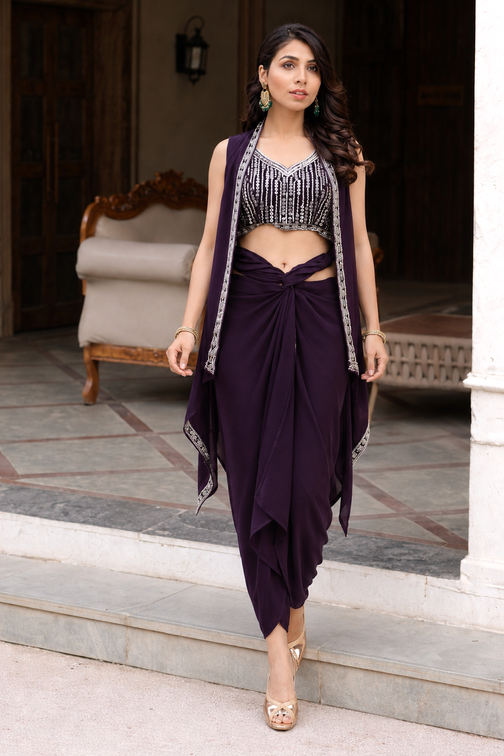 Purple top with dhoti and cape set