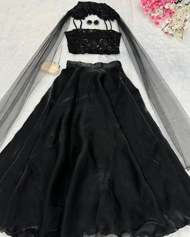 Black skirt with top and cape dupatta set