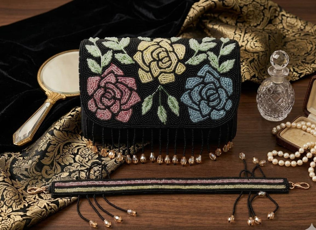 Pink floral beaded bag