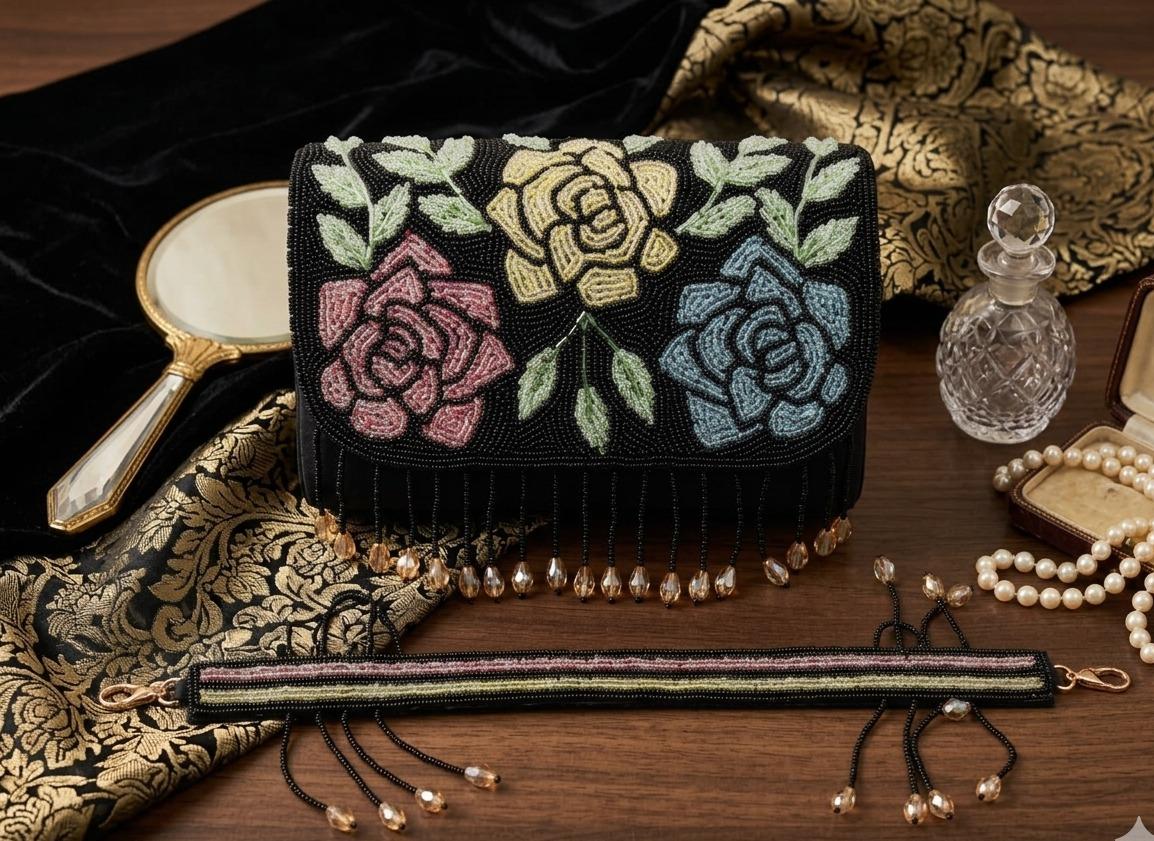 Pink floral beaded bag