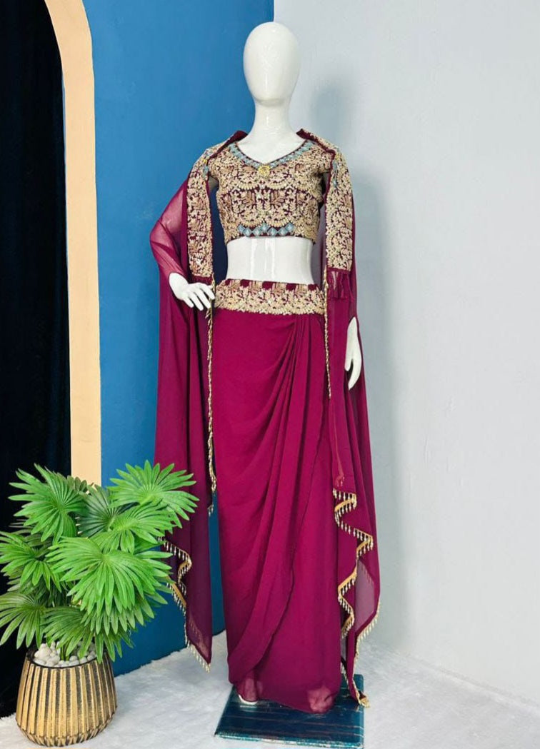 Purple dhoti with top and cape shrug set