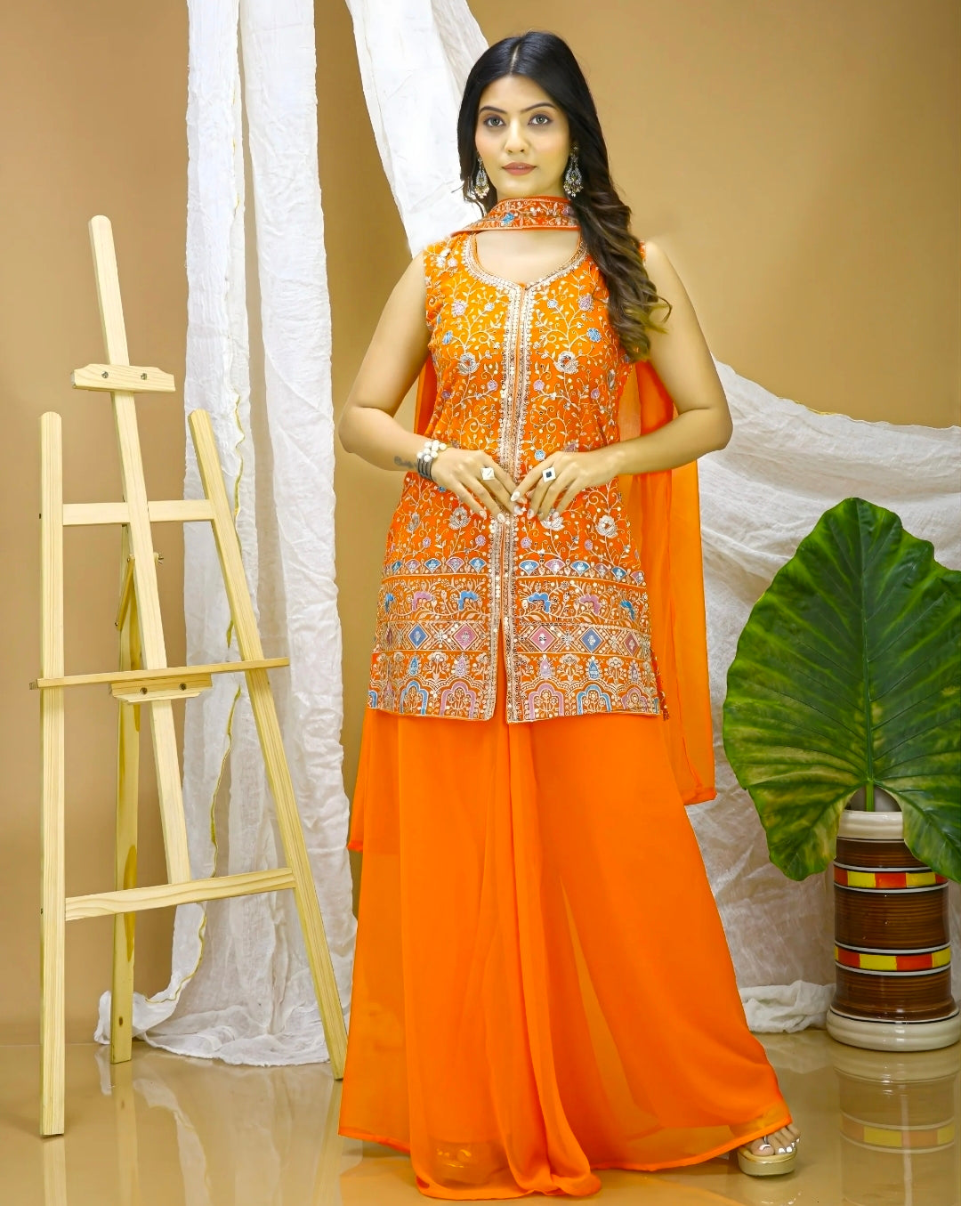 Orange kurti and bottom with dupatta set