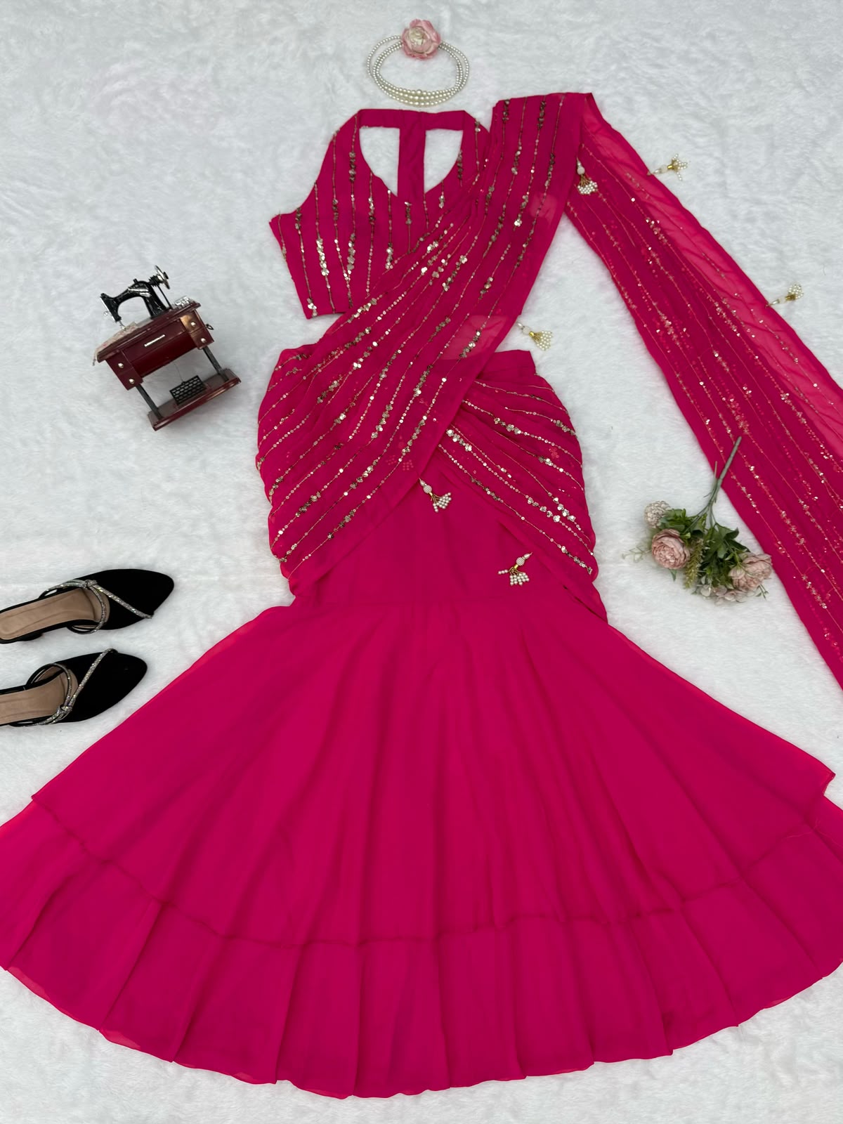 Pink fish cut lehenga saree with blouse set