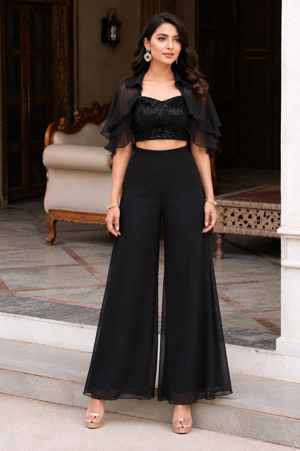 Black cape with top and palazzo set