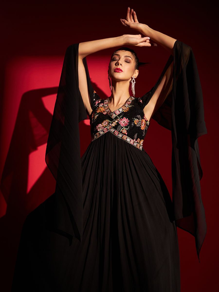 Black cold shoulder flaired long gown