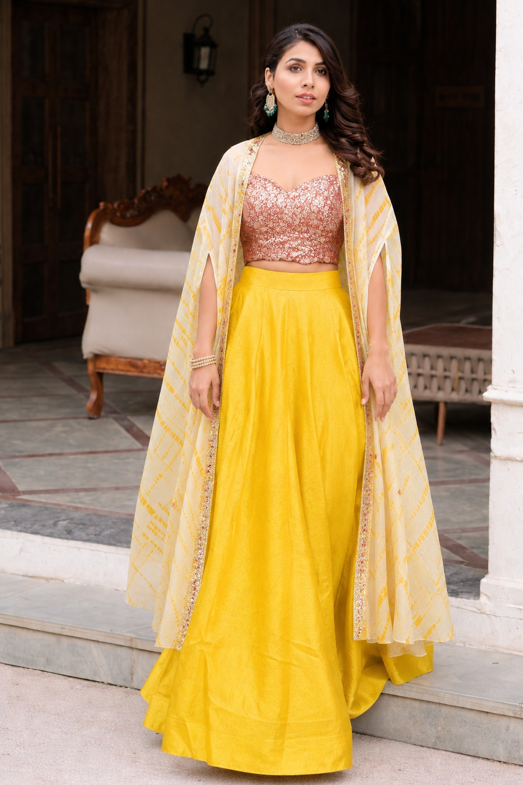 Yellow cape with top and lehenga skirt