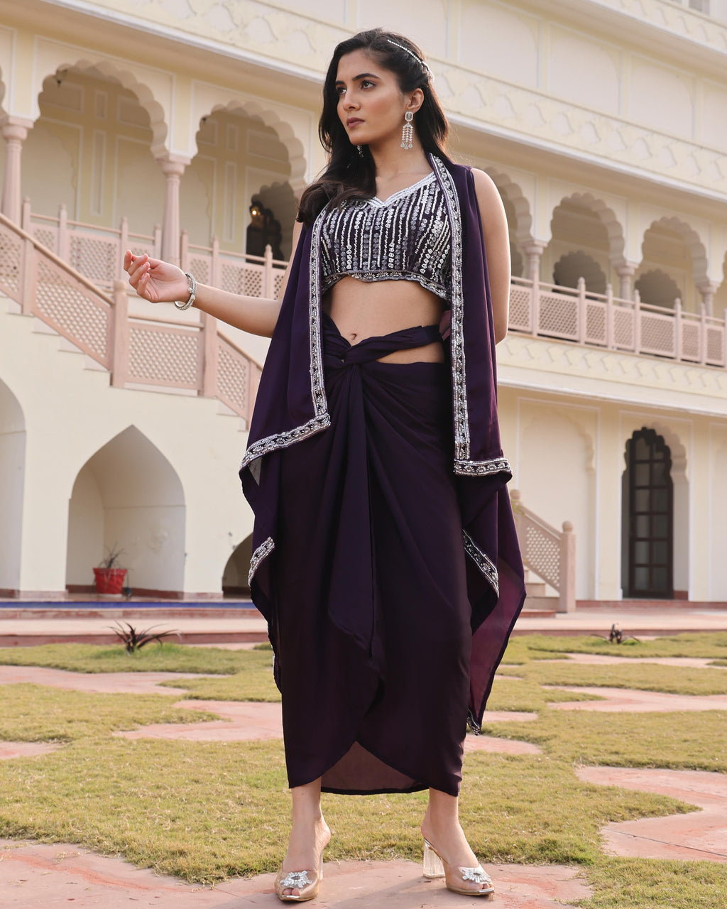 Purple top with dhoti and cape set