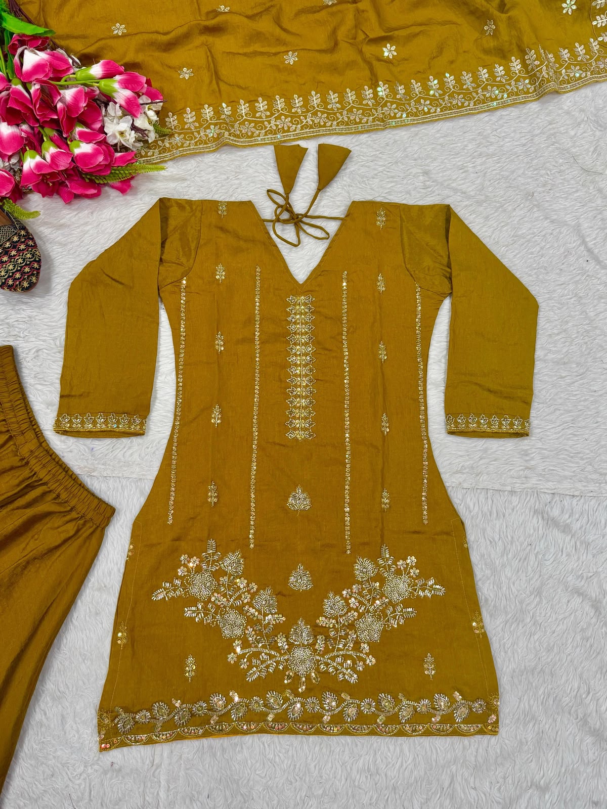 Yellow kurti with palazzo and dupatta set