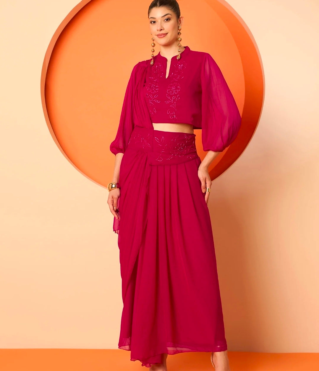 Pink pleated drape dhoti saree with blouse