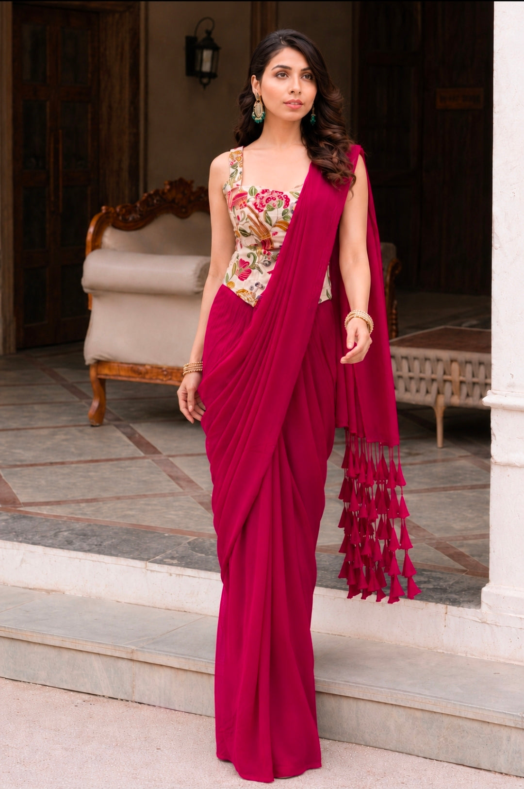 Pink ready to wear corset saree with blouse