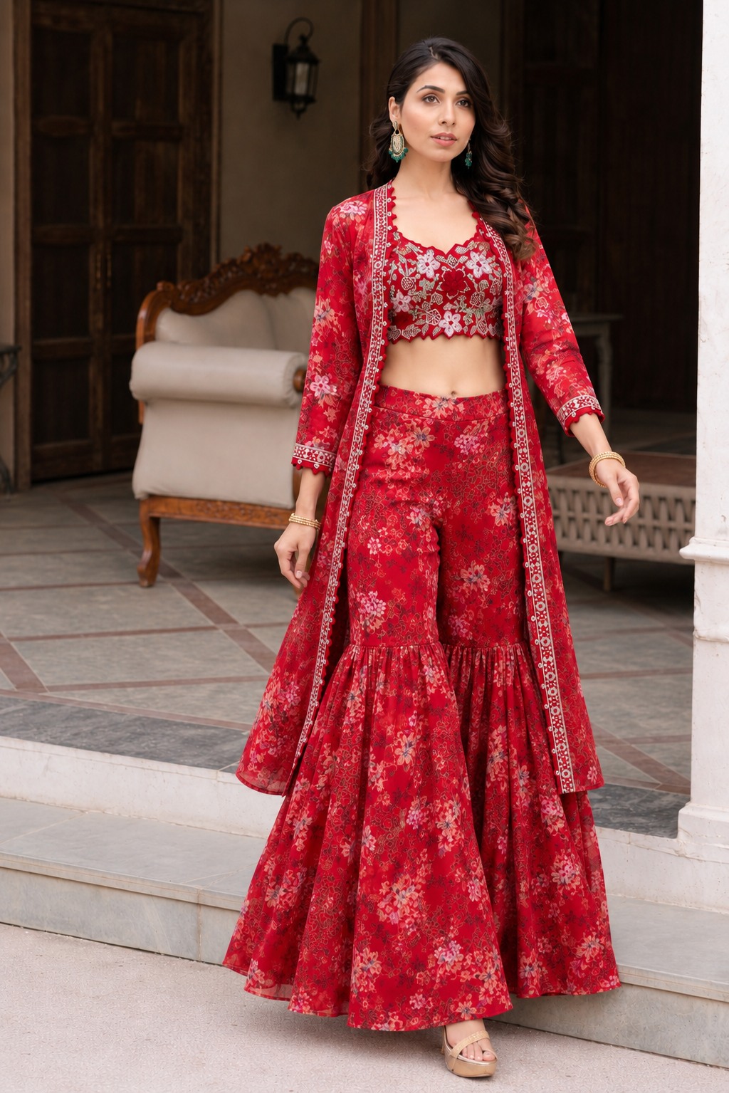 Red top with sharara and jacket set