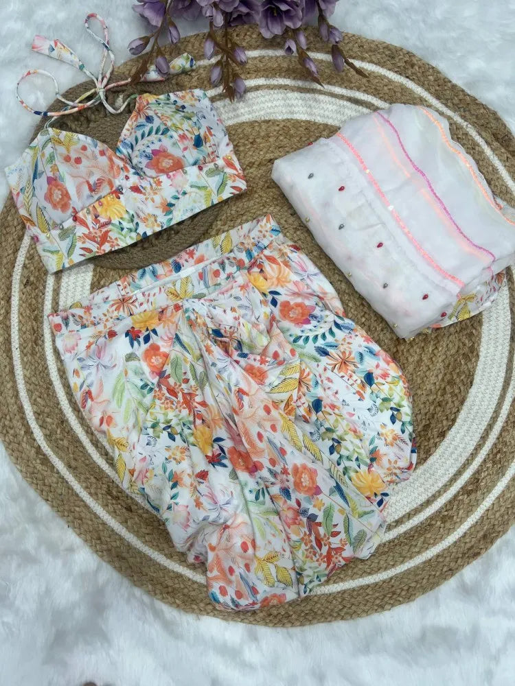 White floral printed dhoti skirt with top and shrug