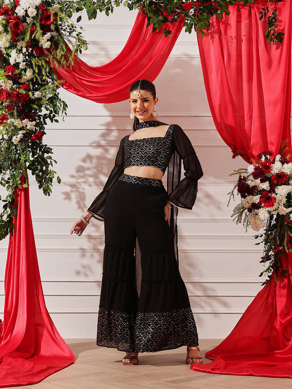 Maroon crop top with sharara and dupatta set