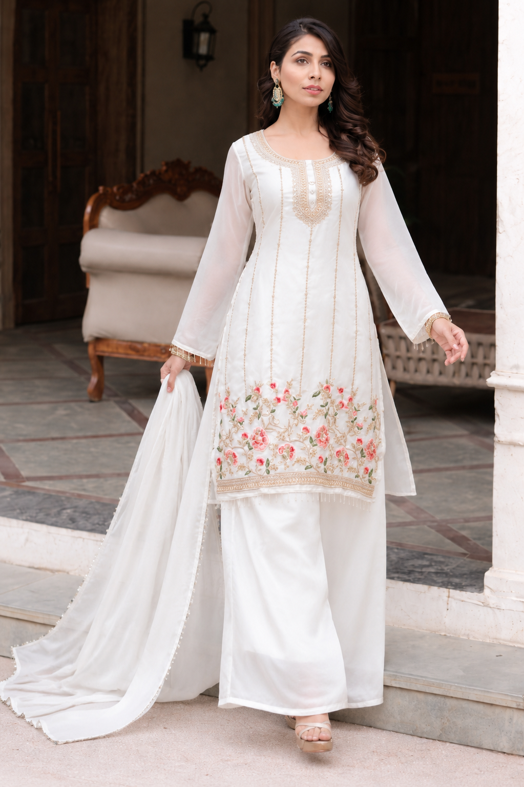 White kurti palazzo and dupatta set