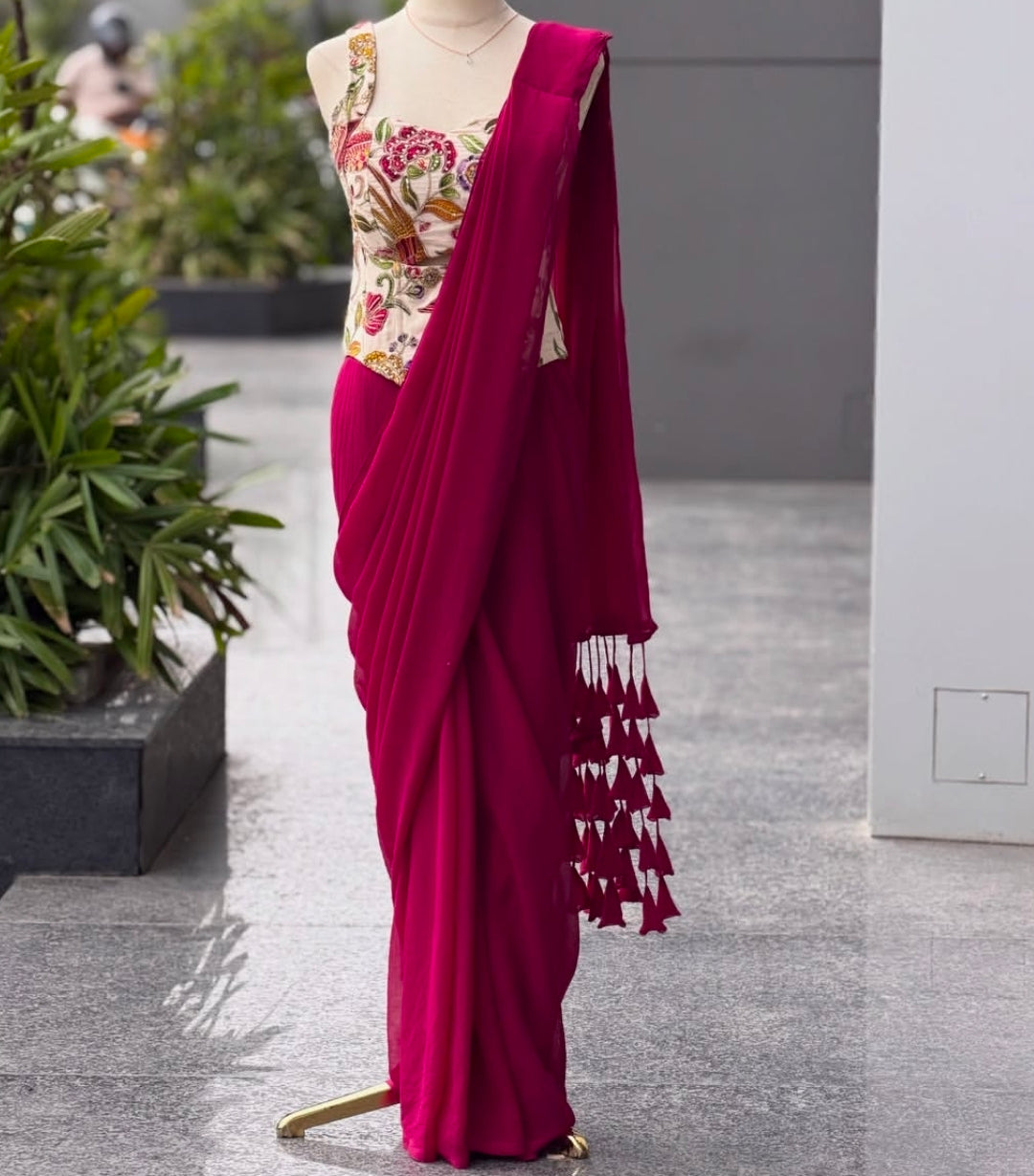Pink ready to wear corset saree with blouse