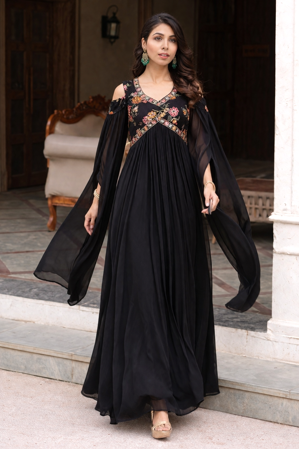 Black cold shoulder flaired long gown