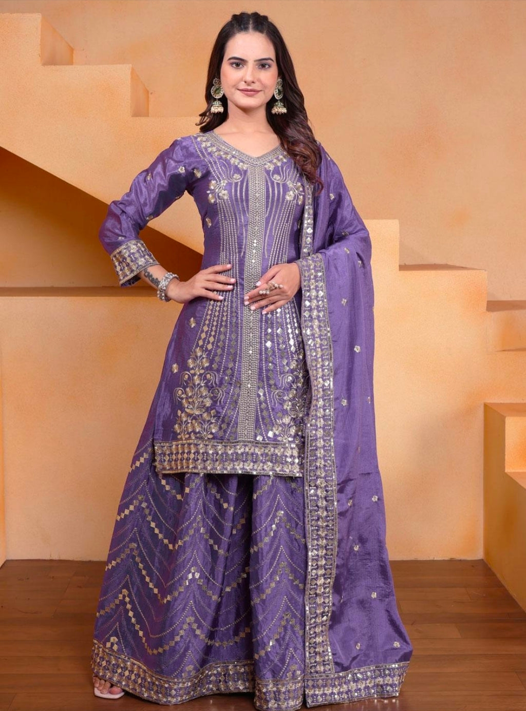 Purple kurti with flaired palazzo and dupatta set