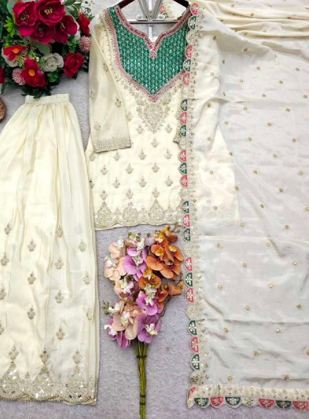White golden kurti with palazzo and dupatta set