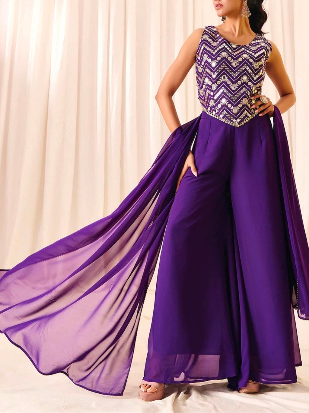 Purple crop top with palazzo and dupatta set