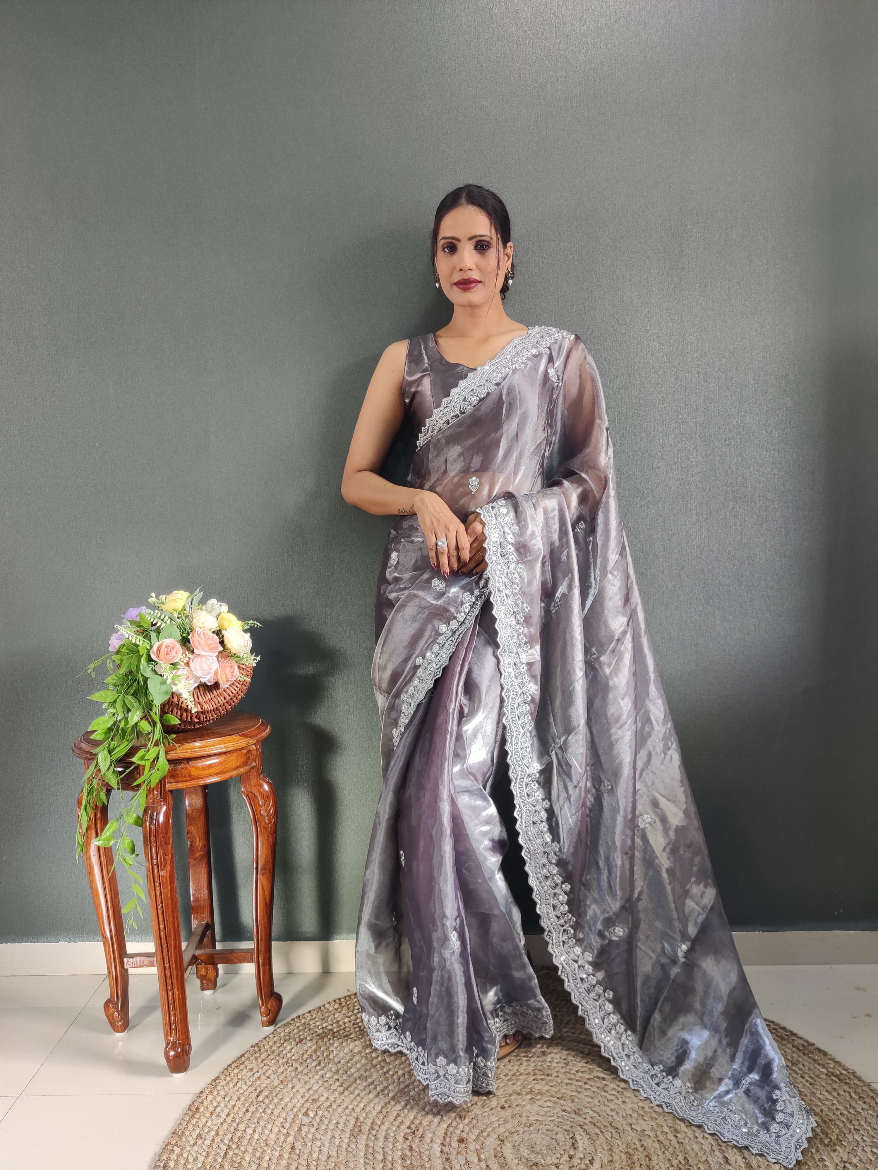 Pink jimmy choo silk saree with blouse 2pc set