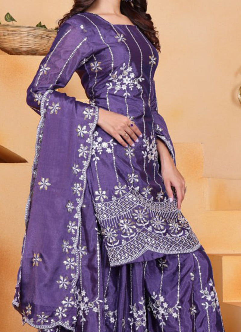 Purple kurti with flaired palazzo and dupatta set