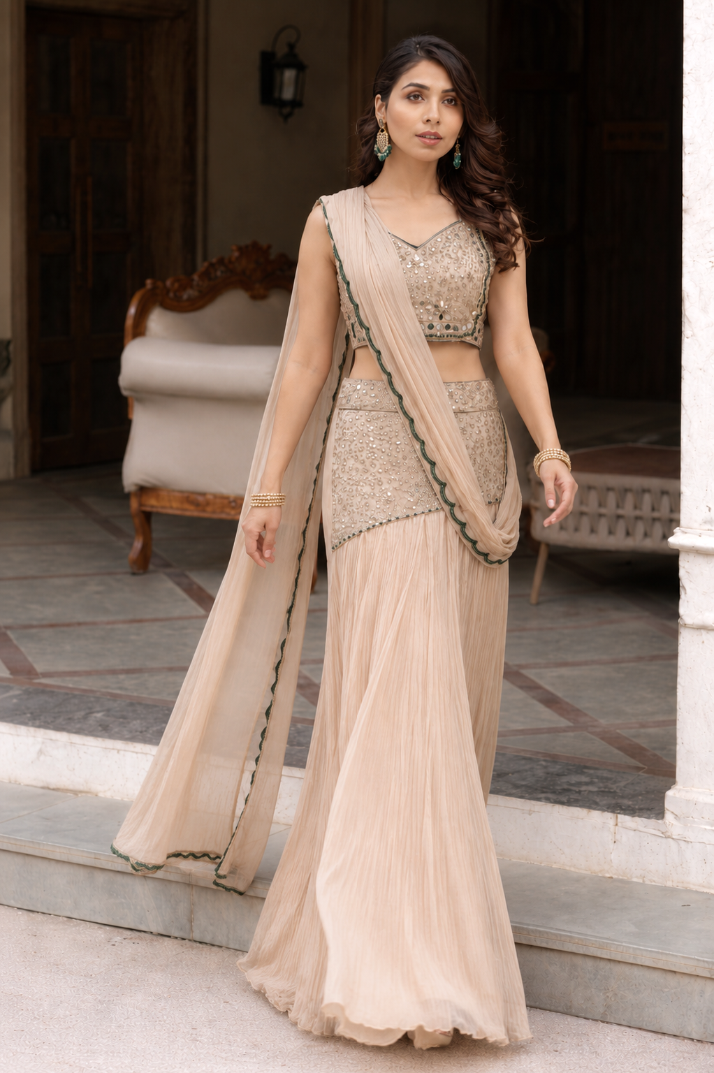 Cream beige fish cut saree with blouse