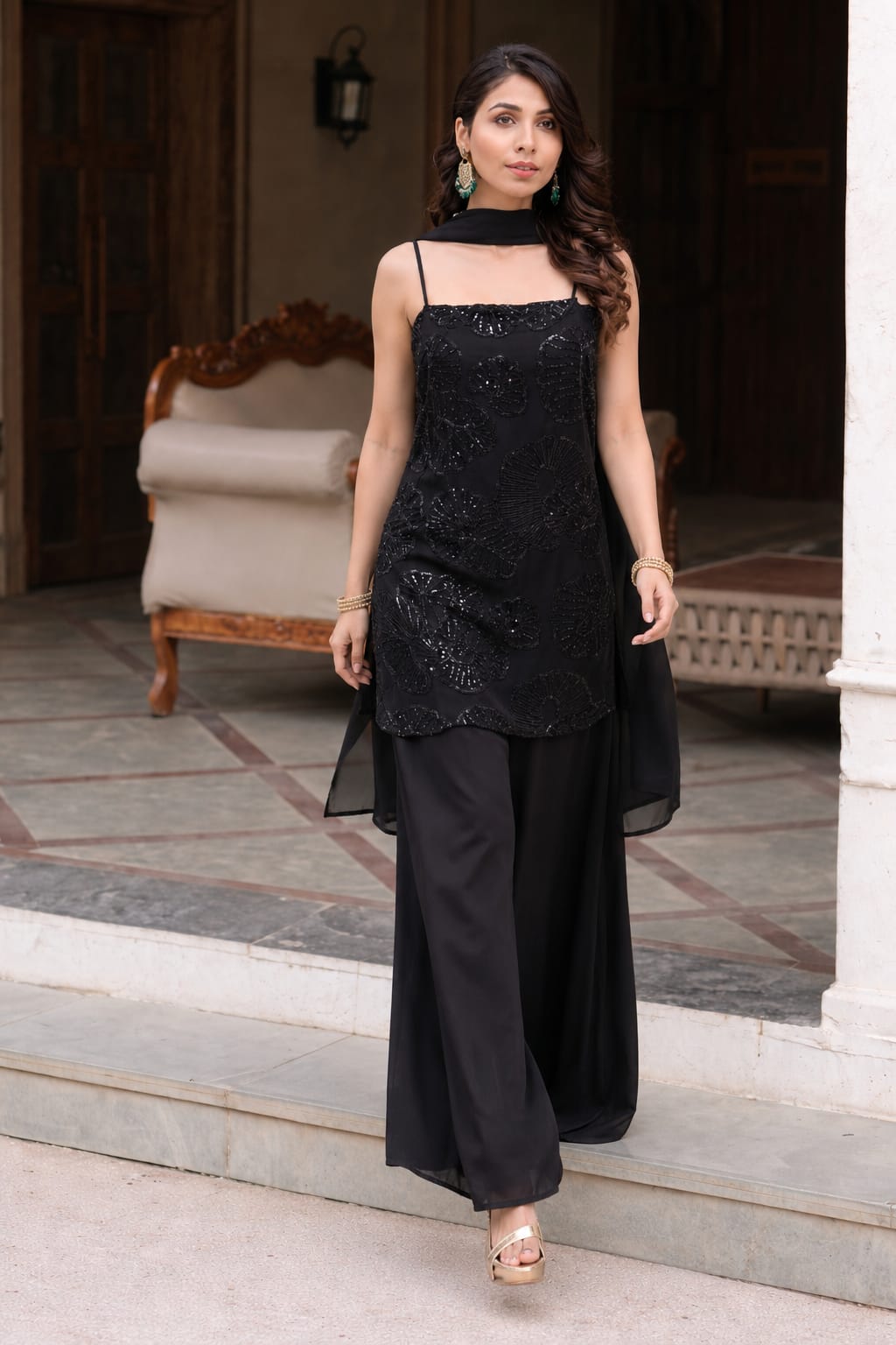 Black sleeveless kurti with palazzo and dupatta set