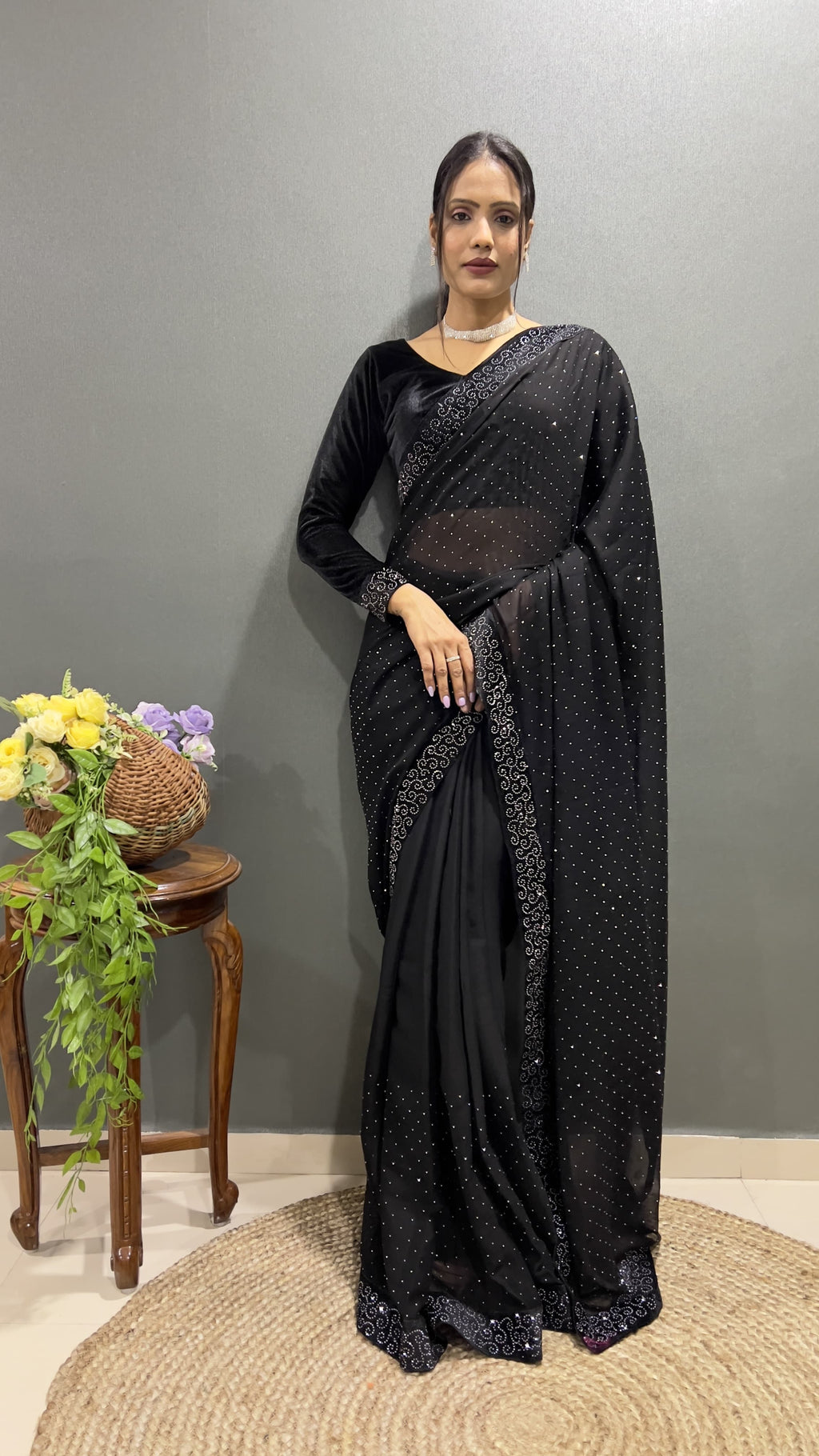 Blue velvet rhinestone saree with blouse
